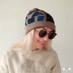 Berretto in denim patchwork, taglia 2XL, beige, in maglia di cotone, morbido, ideale per la primavera, da donna.