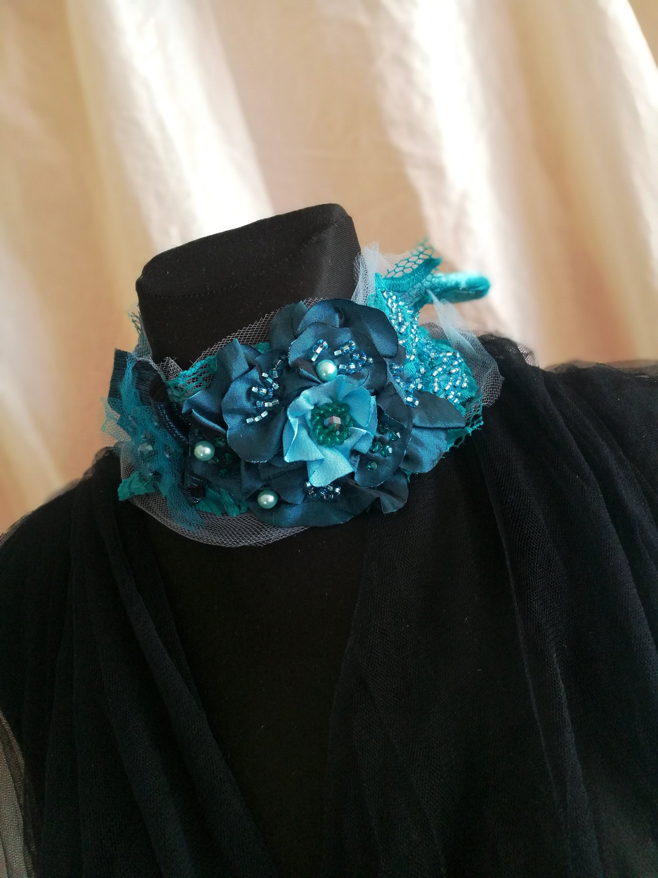 Black Beaded Flower Headband w Turquoise and Beige Beaded Band Beaded Headband Turquoise - Etsy main image 3