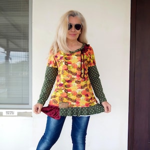 Buntes Schirm Print Tunika Kleid: Boho Patchwork Baumwolle Mini