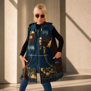 Plus Size Hooded Denim Duster Jacket: Patchwork Jean Vest, 3XL Boho Style Jacket