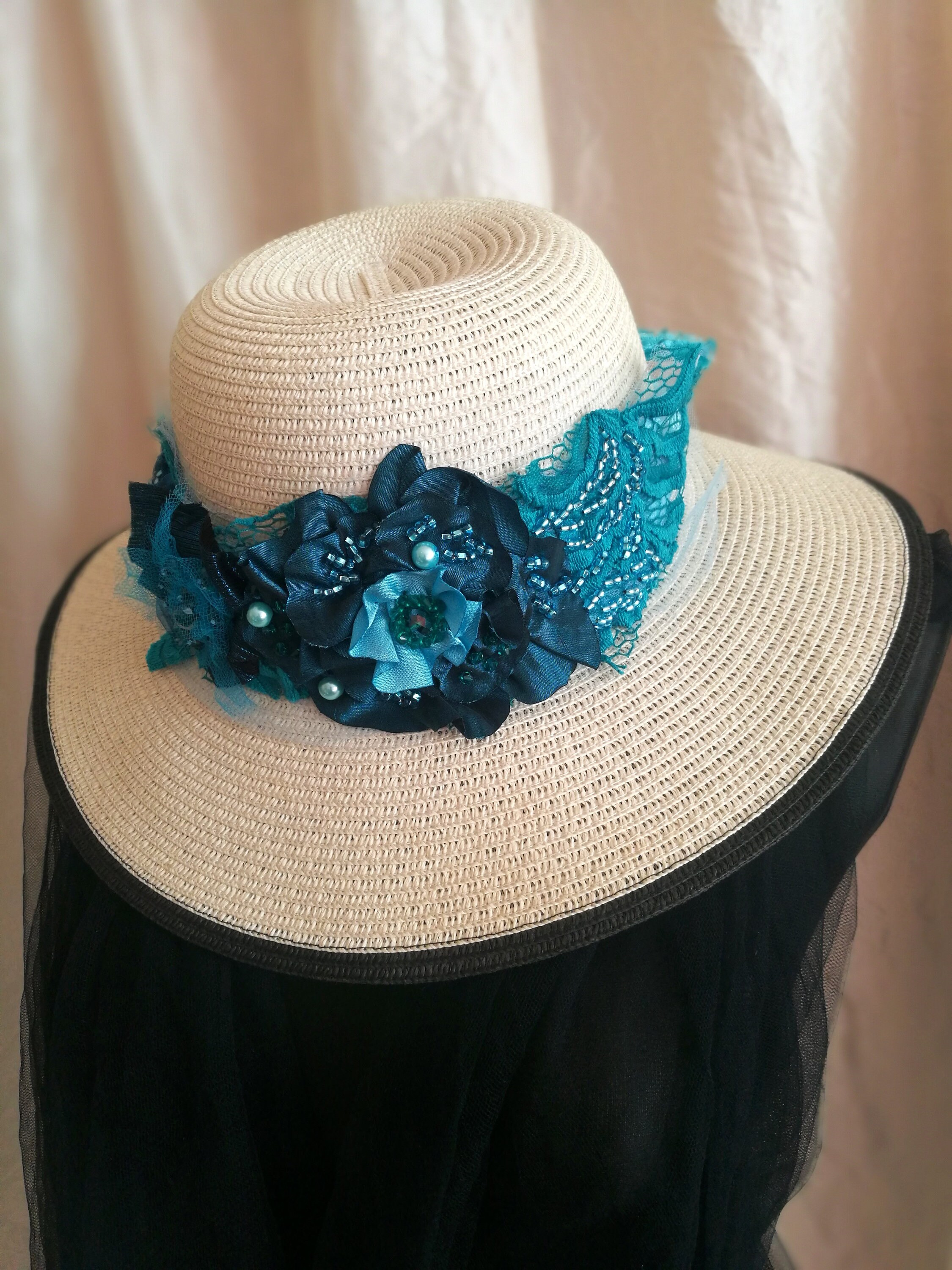 Turquoise Velvet Floral Headband: Boho Beaded Lace Sash Belt  display picture 2