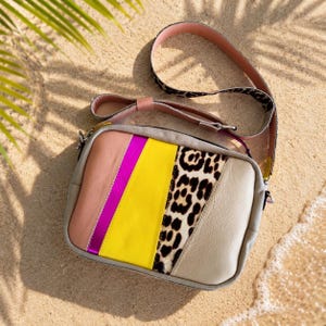 Bolso bandolera de piel patchwork, pequeño bolso de piel italiana de colores, bolsos de diseño para mujer.