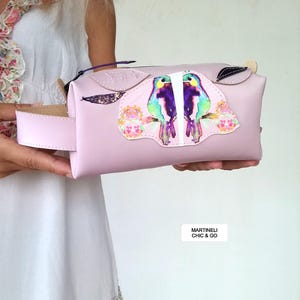 Pink Leather Makeup Bag Italian Leather Mini Travel Make Up Pouch Bag Luxury Toiletry Bag Romantic Bridal Cosmetic Bag Furla Design Birds