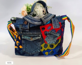 Patchwork-Denim-Umhängetasche, Boho-Chic Bunte Crossbody-Geldbeutel, Reise-Jean-Handtasche