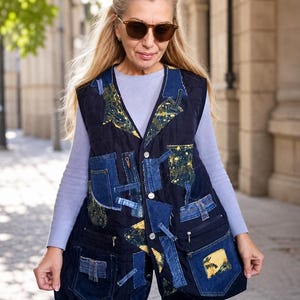 プラスサイズ キルティング パッチワーク デニムベスト、2XL ボヘミアン ヒッピー ノースリーブ ジーンズジャケット