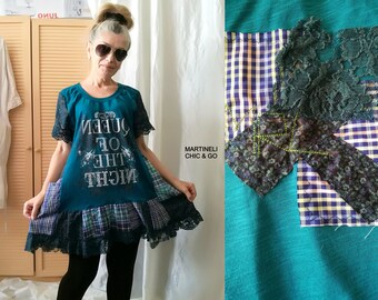 Türkisfarbenes T-Shirt-Kleid L Upcycled Patchwork Tunika Top Boho kariertes Baumwollkleid für Frauen Grünes Sommer-Hemdkleid mit kurzen Ärmeln Spitzenkleid