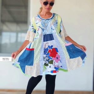 Plus Size Floral Dress XL/2X Upcycled Maxi Cotton T-Shirt Dress Loose Summer Shirtdress Oversized Tunic Boho Romantic Dress Artsy Jeans Top