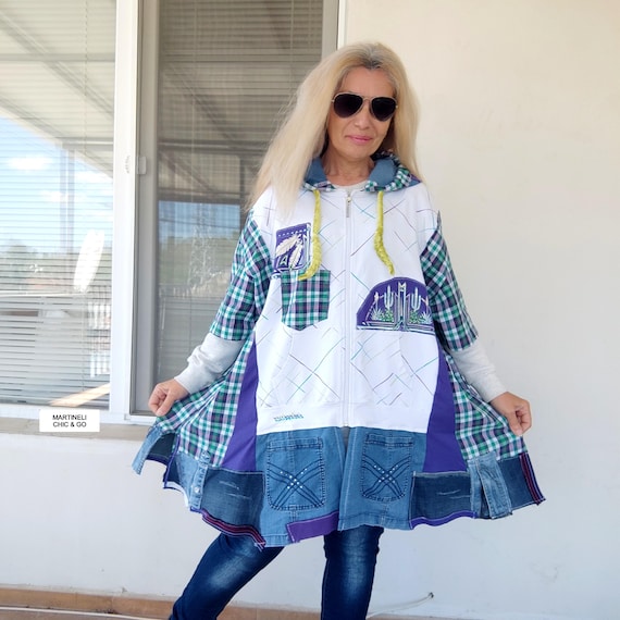 Plus Size Upcycled Denim Hoodie Dress: Boho Patchwork Jean Jacket