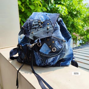 Unisex Denim Backpack Patchwork Rucksack Bag Blue Jeans Large Travel Bag Sport Backpack Men Stylish Backpack Women Handcrafted Art Backpack