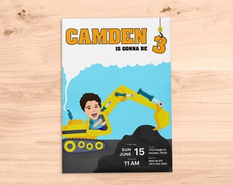 May include: A yellow construction vehicle with a cartoon boy driving. The vehicle has a large scoop and wheels. The text "CAMDEN 3 IS GONNA BE" is at the top of the image. The text "SUN JUNE 15 11 AM" is at the bottom of the image. The text "1762 Dwight Dr Houston, 78333 Mom by 6/6 (281) 544-3360" is also at the bottom of the image.