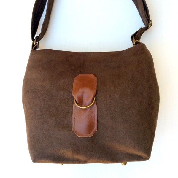 Brown suede handcrafted handbag/shoulder bag/cross-body bag with leather and antique brass accents.