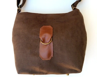 Brown suede handcrafted handbag/shoulder bag/cross-body bag with leather and antique brass accents.