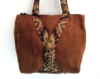 Original, handcrafted, zippered suede handbag with tapestry trim in a unique design, boho handbag, shoulderbag