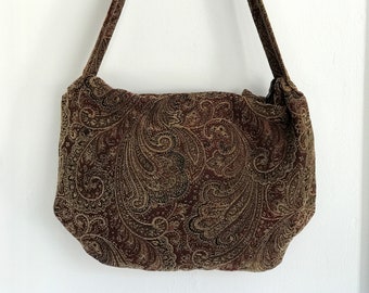Red, gold, and black chenille bohemian style hobo bag.