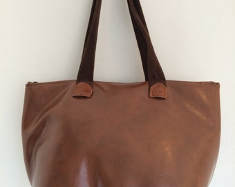 Handcrafted, zippered leather-look fabric handbag, suede straps - casual bag