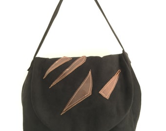 Useful hancrafted black suede and brown leather handbag, casual shoulder bag