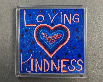 Vermont Original Homespun Folk Art Lovingkindness Love Heart 4""x4" Blue Orange Acrylic Fridge Magnet Coaster