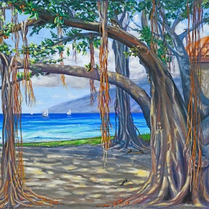 Lahaina Banyan Tree Oil Painting: Maui Harbor Scene, Award Winner