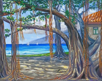 Banyan Tree Heart of Lahaina Award Winning oil painting Maui Hawaii mynah birds harbor scene old courthouse doves leaves berries gift idea