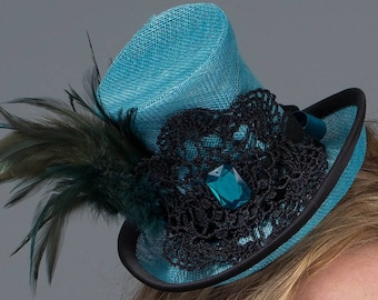 Mona, Black and Blue Occasion Mini Hat, Blue Fascinator with Black-Green Feathers, Cocktail Fascinator
