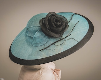 Oriental Blue and Black formal hat, Large occassion hat, Black and blue ascot hat, Hat for races, Large hat with rose