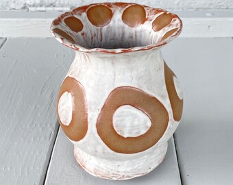 White and Brown Ceramic Vase, Vase with Circles