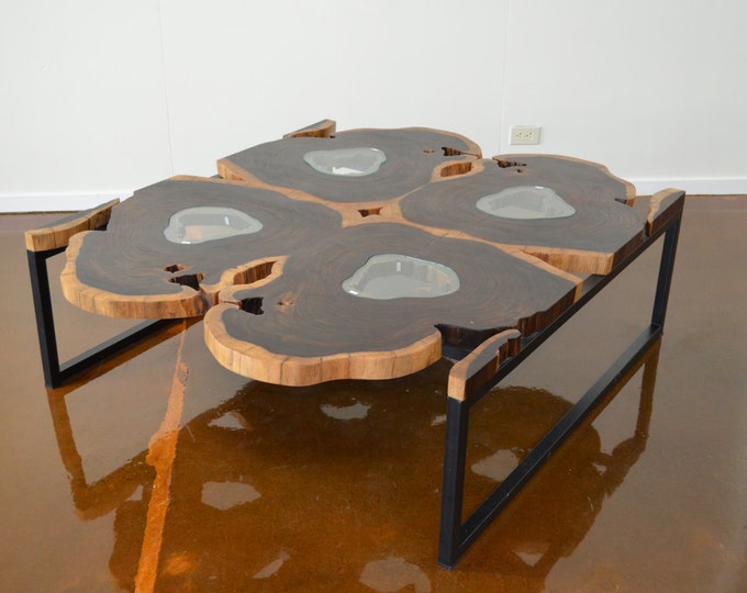 Mid Century Modern, George Nakashima Inspired Large Rosewood Slab and Glass Square Coffee Table