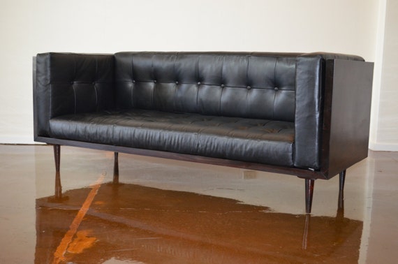 Milo Baughman Inspired Mid Century Modern Rosewood Slab Case Rawhide Black Leather Sofa
