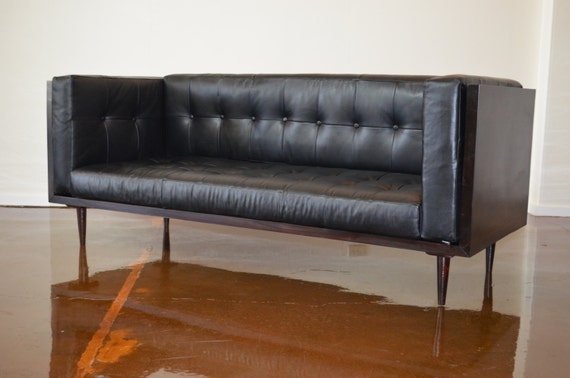 Milo Baughman Inspired Mid Century Modern Rosewood Slab Case Rawhide Black Leather Sofa Milo Baughman Inspired Mid Century Modern Rosewood Slab Case Rawhide Black Leather Sofa