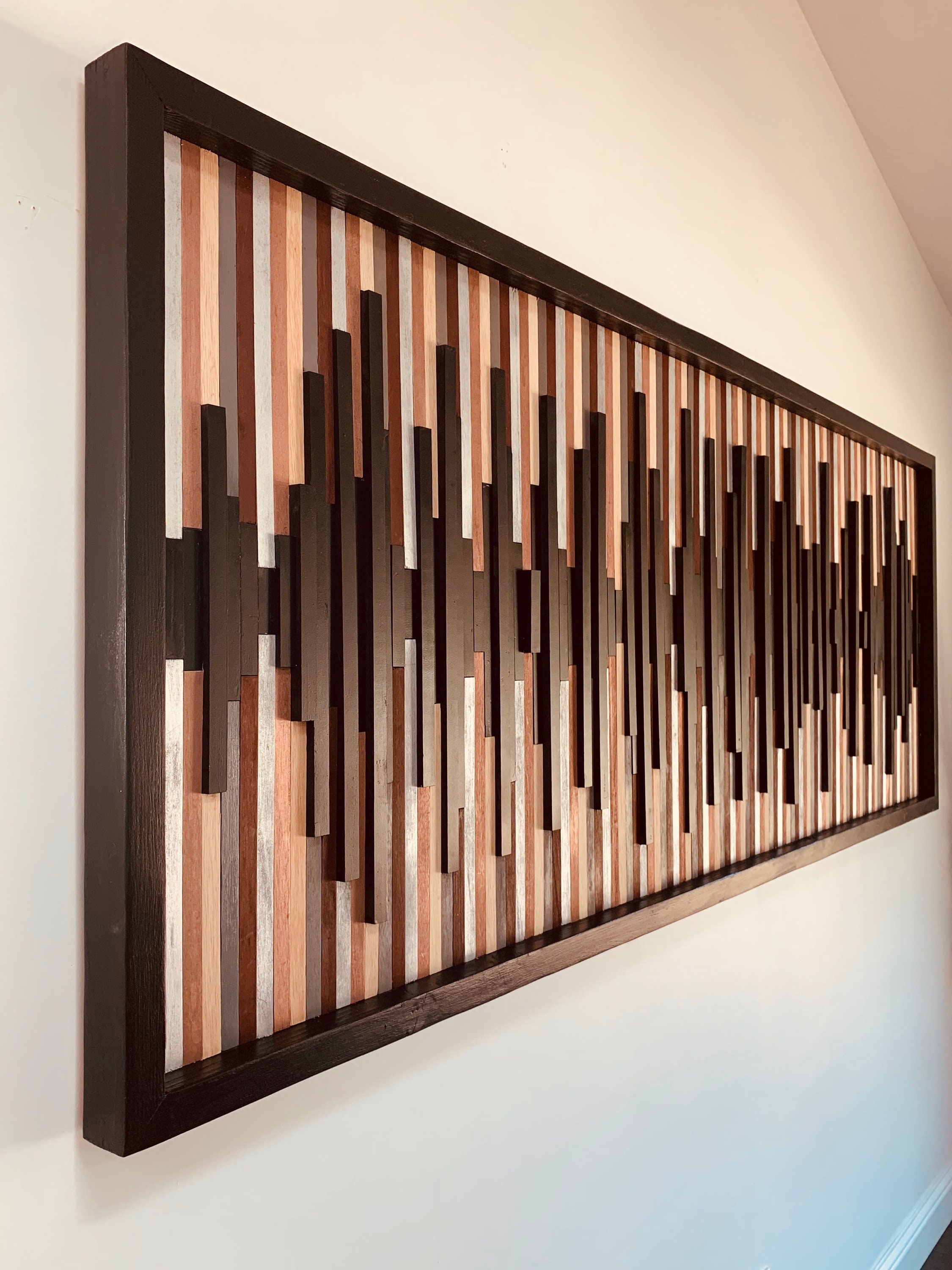 3D sound wave wall art made from stained, reclaimed, recycled wood