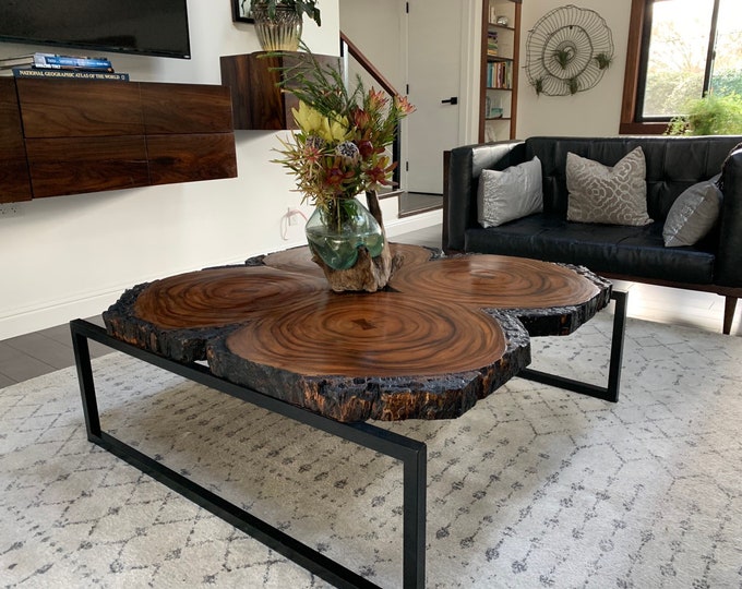 Hand Made Acacia Root Coffee Table with Steel Mid Century Modern Inspired Legs and Rosewood Butterflies