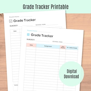 Pode incluir: Duas folhas de rastreamento de notas imprimíveis brancas com o texto "Grade Tracker Printable" no topo. Os rastreadores têm seções para nome do aluno, assunto, ano letivo, data, tarefa, pontos e nota. Um gráfico de download digital está no canto inferior direito.