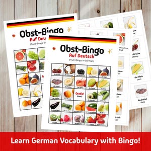 Bingo de frutas en alemán, 20 tarjetas de bingo imprimibles, juego de aprendizaje de vocabulario en alemán para niños, actividad para el aula y la educación en el hogar, divertido juego de fiesta