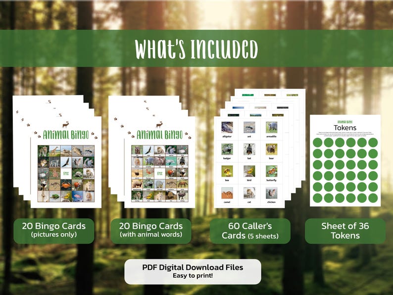 Wildlife Animal Bingo Game: 20 Printable Cards, Party, Classroom ...
