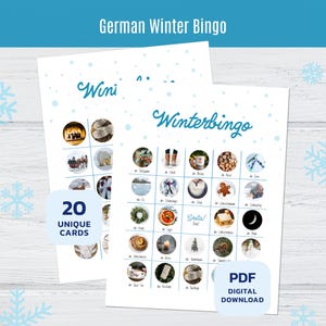 May include: Two white German Winter Bingo game cards with a blue snowflake design. The cards have a grid of images related to winter. Text on the cards includes "German Winter Bingo", "Winterbingo", and "20 Unique Cards".