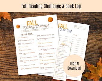 May include: A fall-themed printable set featuring a reading challenge and book log. The "Fall Reading Challenge" includes prompts like "Read a book with a mostly yellow cover." The "Fall Book Log" has space for author and date.
