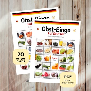 German Fruit Bingo: 20 Printable Cards | Vocabulary Language Learning Game for Kids & Teens | A4 and Letter Size (PDF Download)