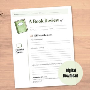 May include: A white book review sheet with a green book illustration and the text "A Book Review of." Includes sections for author, genre, plot summary, and rating. The words "Digital Download" are also present.