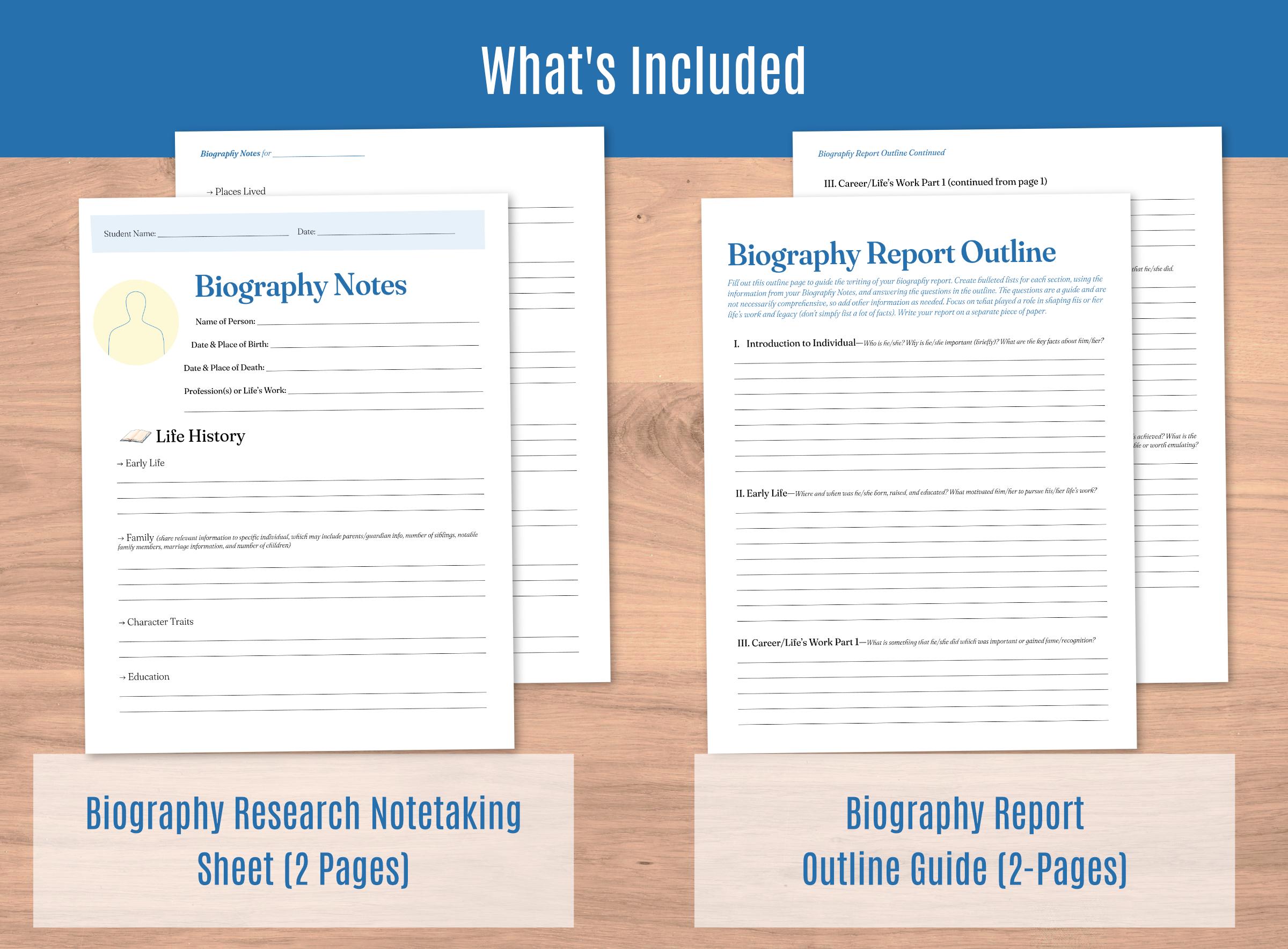 Biography Research Worksheet Bundle: Report Outline, Notetaking Guide ...