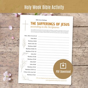 Könnte beinhalten: Ein ausdruckbares Arbeitsblatt für die Karwoche mit dem Titel "DIE LEIDEN JESU nach der Schrift". Das Dokument enthält Bibelverse und eine Schaltfläche "PDF-Download". Der Hintergrund ist eine Holzoberfläche mit rosa Blüten.