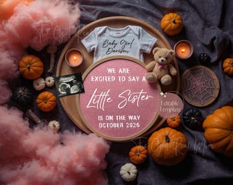 May include: A baby announcement featuring a white onesie with "Baby Girl Davison" text, a pink framed sign announcing a little sister due in October 2026, pumpkins, a teddy bear, and candles. The scene is decorated with pink smoke.