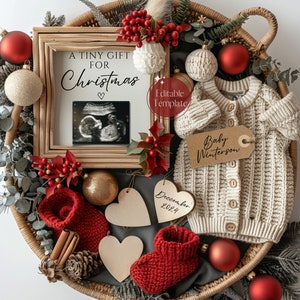 Kerst digitale zwangerschap aankondiging, Boho december babyaankondiging, genderneutrale baby onthullen, BEWERKBARE kleine kerstcadeau sjabloon