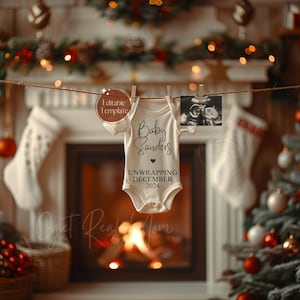 Digitale kerstzwangerschapsaankondiging, boho december babyaankondiging, genderneutrale babyonthulling, BEWERKBARE sjabloon voor kleine kerstcadeaus