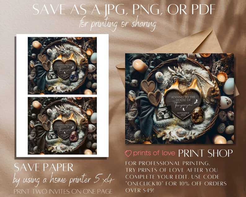 May include: A digital printable announcement for a baby shower or birth announcement. The announcement features a wooden heart with the text "Adding to the House of Targaryen" and a dragon design. The heart is surrounded by a nest of eggs, feathers, and other decorative elements.