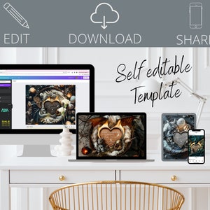 May include: A digital mockup of a self-editable template featuring a rustic wooden heart with a dragon design and the text "New Adventures Begin" on a dark background. The template is shown on a computer screen, laptop, tablet, and phone.
