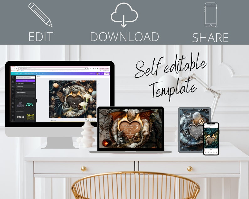 May include: A digital mockup of a self-editable template featuring a rustic wooden heart with a dragon design and the text "New Adventures Begin" on a dark background. The template is shown on a computer screen, laptop, tablet, and phone.