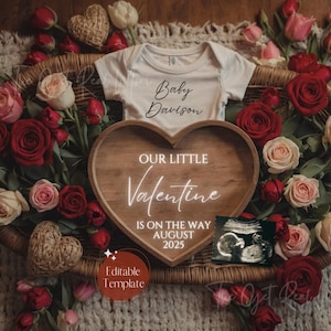 Simple Valentine Pregnancy Announcement, February Baby Announcement, Digital Gender Neutral Reveal, EDITABLE Valentine&#39;s Day Roses Template
