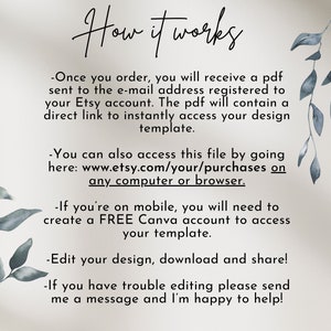 May include: A text-based image explaining how to access a digital design template after purchase. The text says "How it works" and includes instructions on how to access the template via email, Etsy, or a mobile app.
