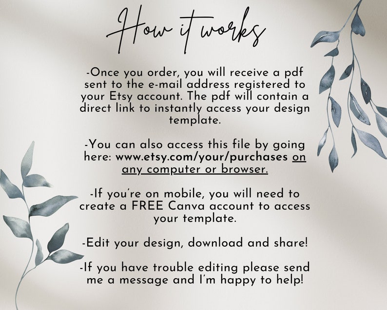 May include: A text-based image explaining how to access a digital design template after purchase. The text says "How it works" and includes instructions on how to access the template via email, Etsy, or a mobile app.