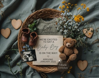 May include: A baby announcement card featuring a brown teddy bear, baby booties, and an ultrasound image. The card reads "We're excited to say a Baby Boy is on the way! Arriving January 2025".